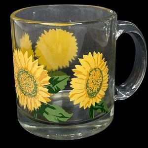 Vintage LIbbey Clear Glass Coffee Mug Yellow Sunflower Garden Made in USA
